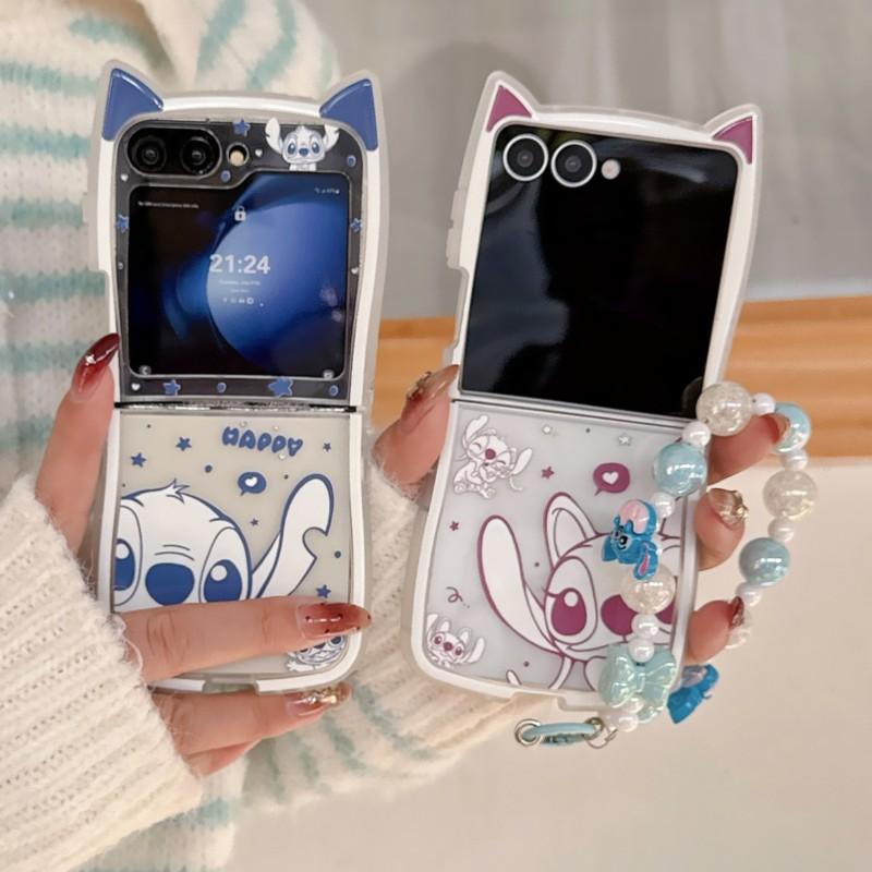 Милый 3D Чехол-Кот с Ушками и Стичем для Мультяшного Телефона Samsung Galaxy Z Flip 3 4 5 6 7 7FE Кавайный Защитный Чехол с Бусинным Шнурком