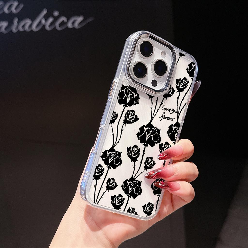 Clear Black Rose Phone Case for iPhone 17 Air 16E 16 15 Pro Max 14 Plus 13 12 Mini X Xs 8 7 Soft TPU Cover Coques Accessory
