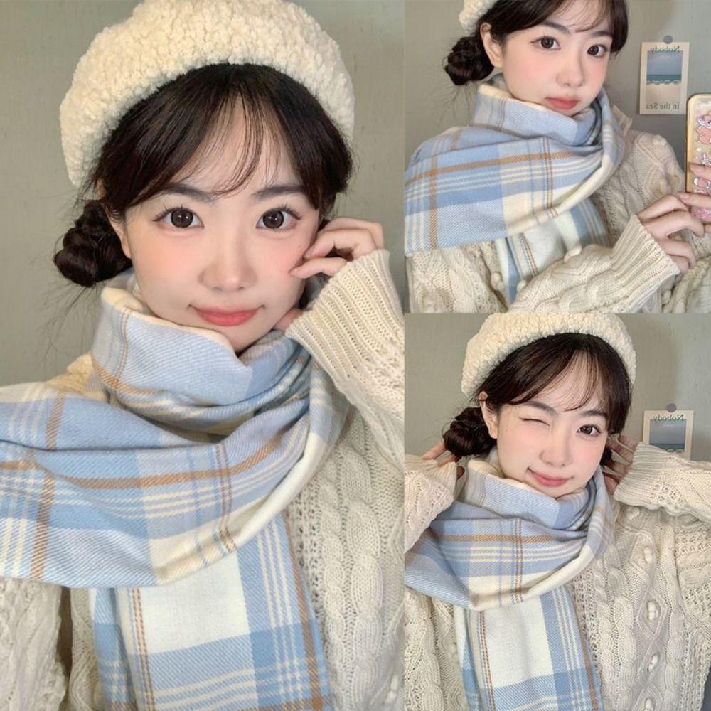 Thickened Knitted Plaid Scarf Korean Style Winter Cashmere Shawl Y2K Checkered Scarf  Unisex