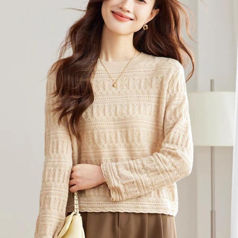 Spring and Summer New Trend Red Round Neck Long-sleeved Knitted Sweater Pullover Femininity Elegant Commuter Style