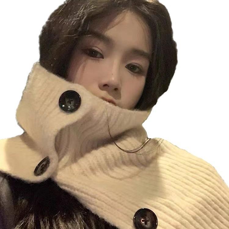 Twist Button Warm Winter Scarf for Women All Match Casual Neck Scarf for Cycling Cold Protection Neck Protection Warm Knitted Scarf Korea