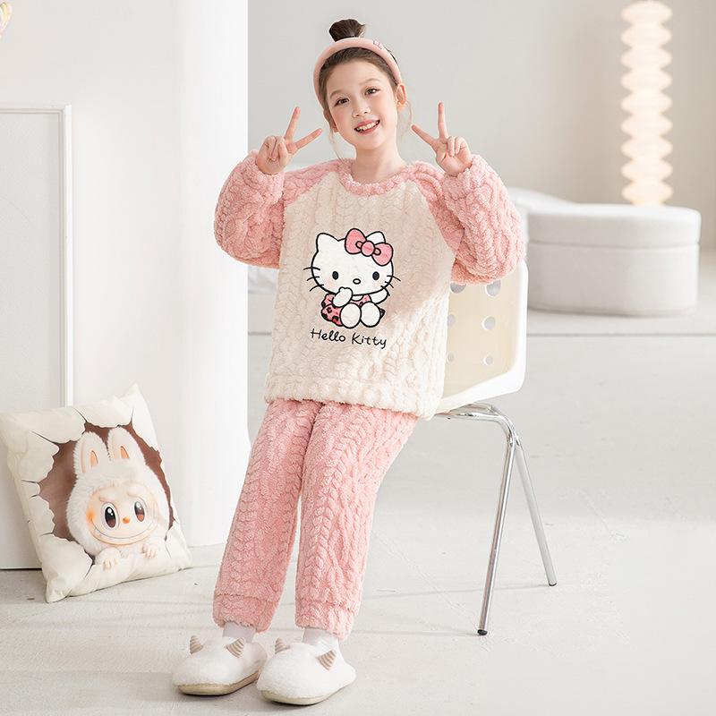 Kids Flannel Pajamas Set Boys Girls Warm Long Sleeve Top And Pants Sleepwear Winter Home Nightwear