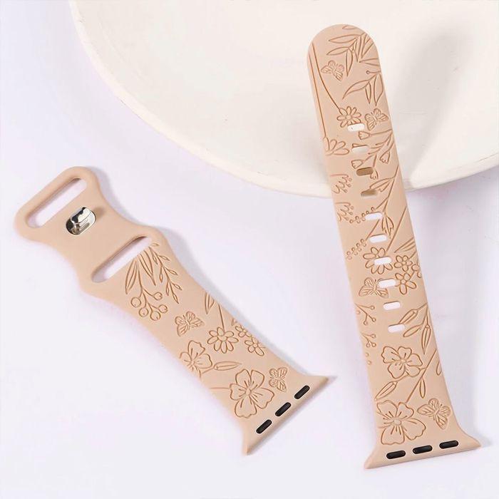 Lot-2 Bracelet pour Apple Watch 38mm-40mm-41mm Series 9 8 SE 7 6 5 4 3 2 1 / Serie 10 (42mm) Silicone Motif Papillon Blanc et Nude