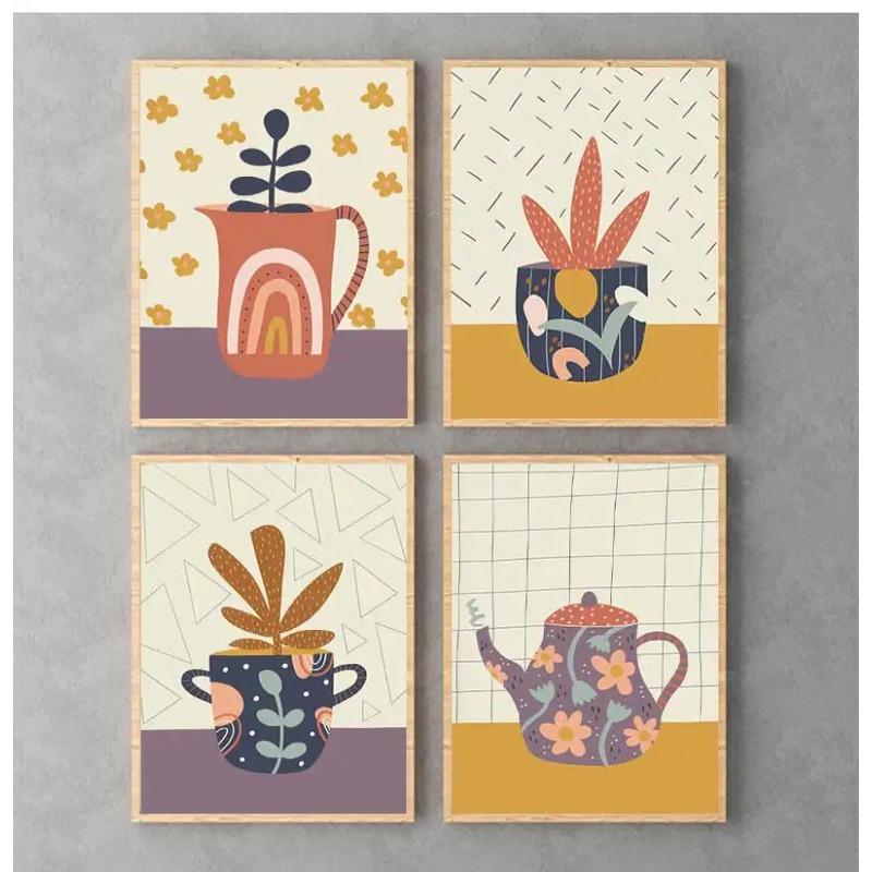 Boho Vase Teapot Flower Pot Plant Posters Prints Abstract Canvas Painting Nordic Wall Art Pictures Living Room Home Decor