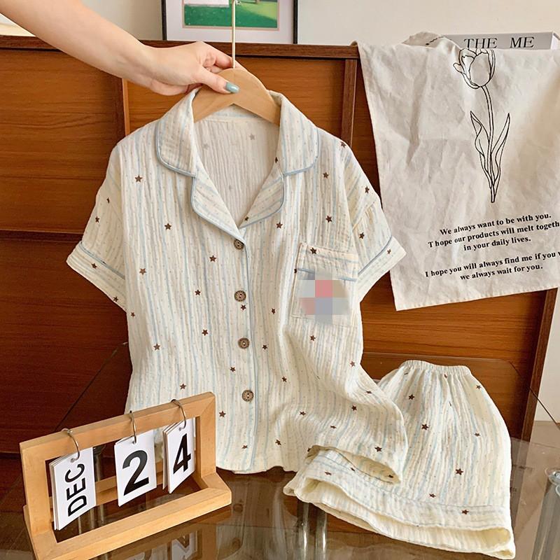 100% Cotton Cartoon Print Short Sleeve Pajama Set Girls Lightweight Sleepwear Two Piece Home Outfit