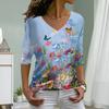 Garden Print Women Tshirts Ladies Tops Long Sleeve V-neck Pullover Femme T-shirts T Shirt For Women