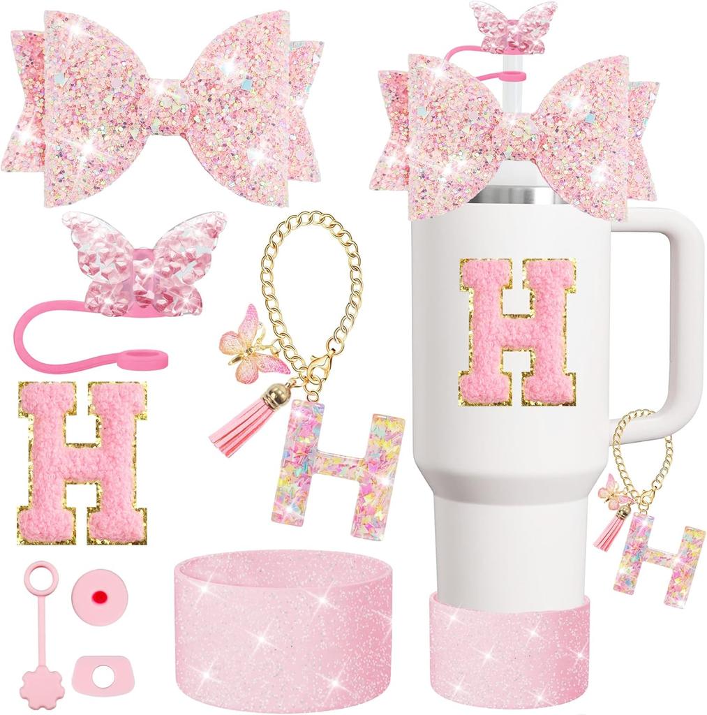 Набор из 8 предметов аксессуаров для стакана Stanley 30 унций 40 унций: топпер для соломинки, крышка-заглушка, чехол-ботинок, заглушка от проливания, подвеска-шарм, наклейка с инициалами