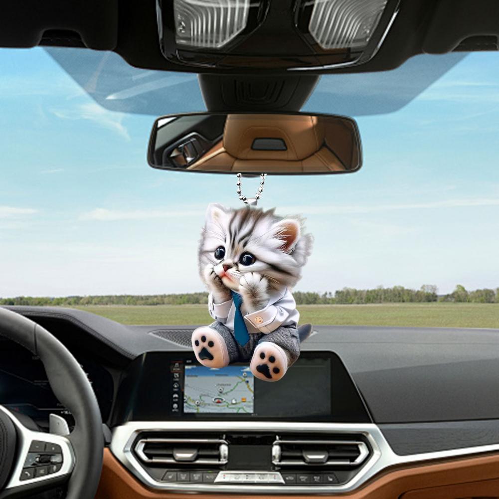 Car Pendant Hanging Ornament With Chain Realistic Animal Cat-Shaped Rearview Mirror Hanging Decor Car Interior Accessories