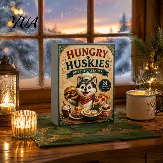 Cute Animal Holiday Ornaments Husky Advent Calendar with 24 Foodie Acrylic Ornaments, 2D Flat Christmas Puppy Desk Decor Tree Decoration, Dog