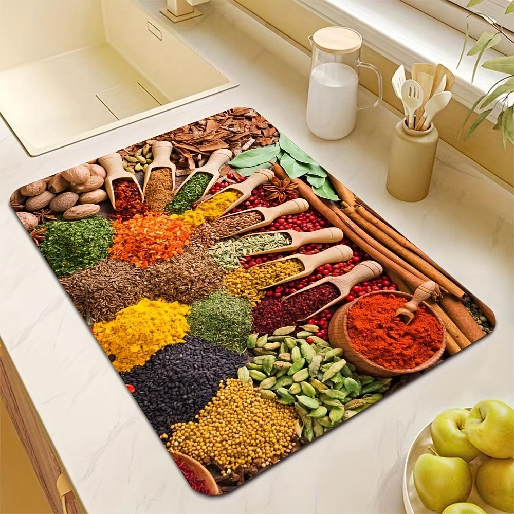 1 шт. резиновый кухонный коврик для сушки посуды с принтом приправ - нескользящий, впитывающий, подставка для посуды для домашнего декора, экономящий место