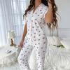 Women's Cherry Print Pajama Set Short Sleeve Button Front Top Long Pants Sleepwear Set Lace