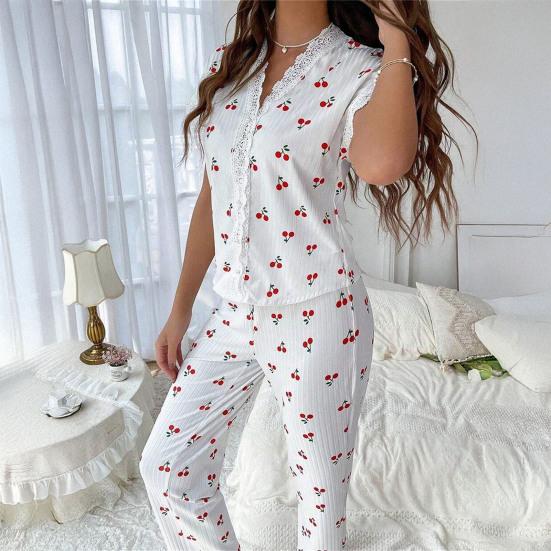 Women's Cherry Print Pajama Set Short Sleeve Button Front Top Long Pants Sleepwear Set Lace