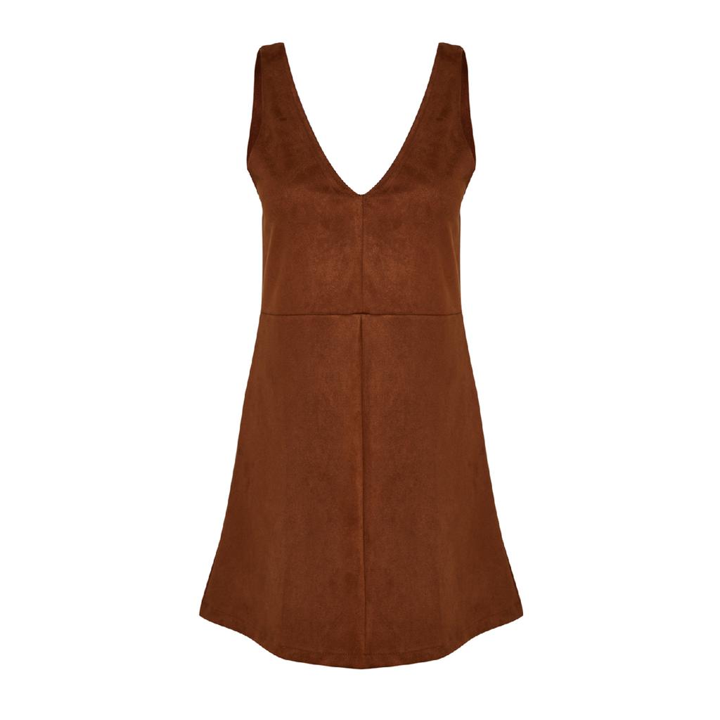 Коричневое замшевое мини-вязаное платье без рукавов с v-образным вырезом Twoaw24el00543