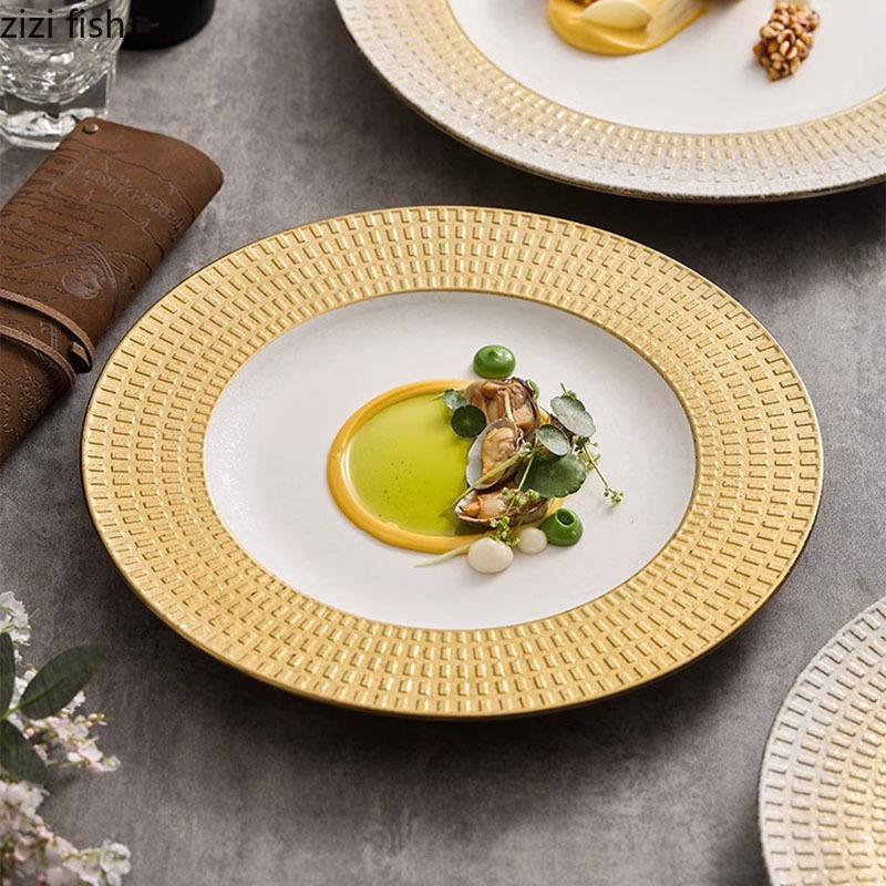 Рельефная текстурированная керамическая мелкая тарелка, белая золотая тарелка для стейка, тарелка для пасты, десертное блюдо, тарелки для закусок, креативная посуда для отелей