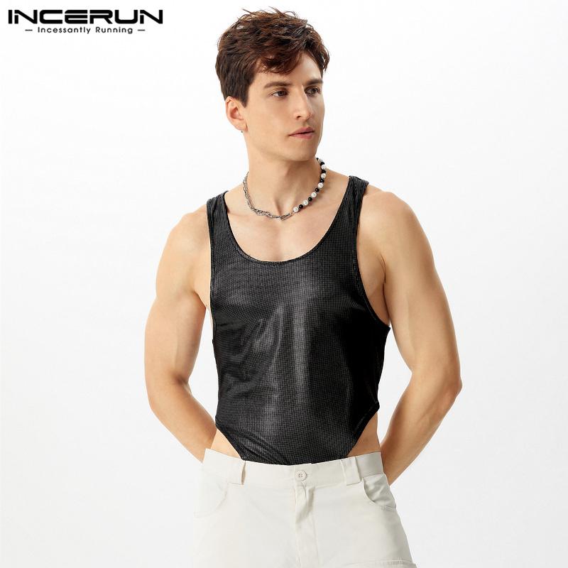 INCERUN Summer Men Glitter Sleeveless Skinny Jumpsuits Party Casual Bodysuits