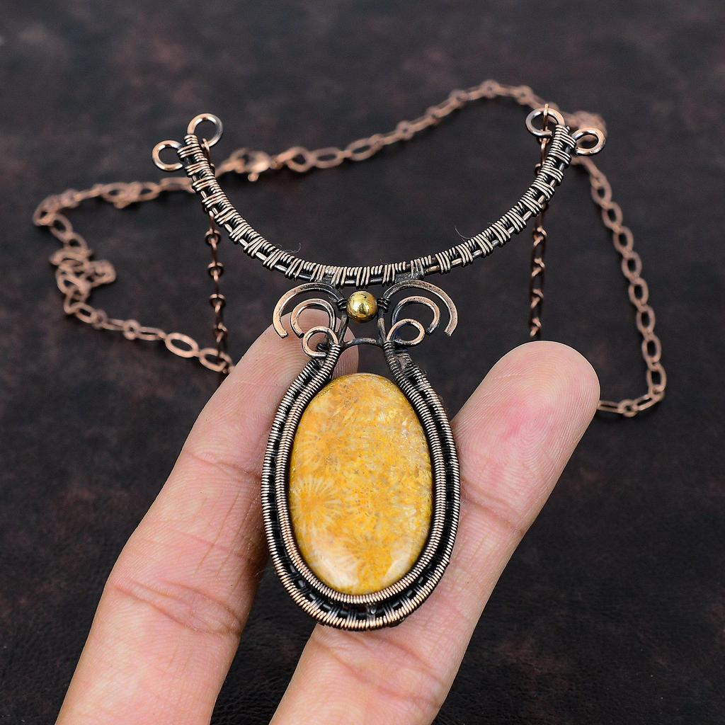 Ожерелье из ископаемого коралла и драгоценного камня, медная проволока, регулируемое ожерелье, медные украшения, ожерелье ручной работы, уникальные ювелирные изделия, подарок для особого случая