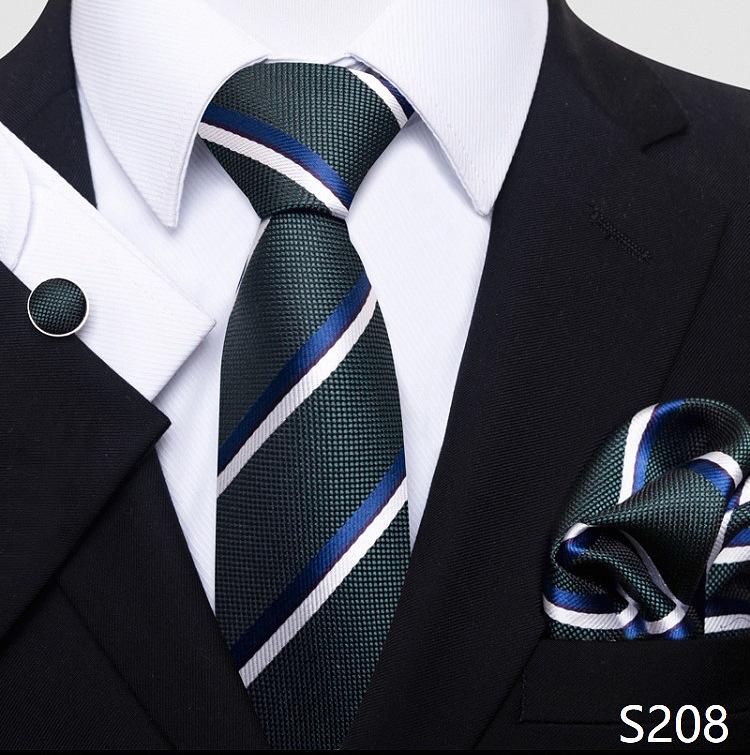 Men's 8cm Solid & Polka Dot Plaid Tie Set with Cufflinks & Pocket Square