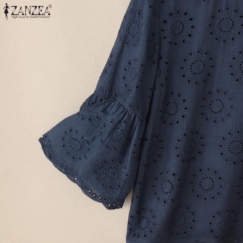 ZANZEA Женская повседневная блузка с круглым вырезом и рукавом 3/4, свободная кружевная блузка в стиле пэчворк