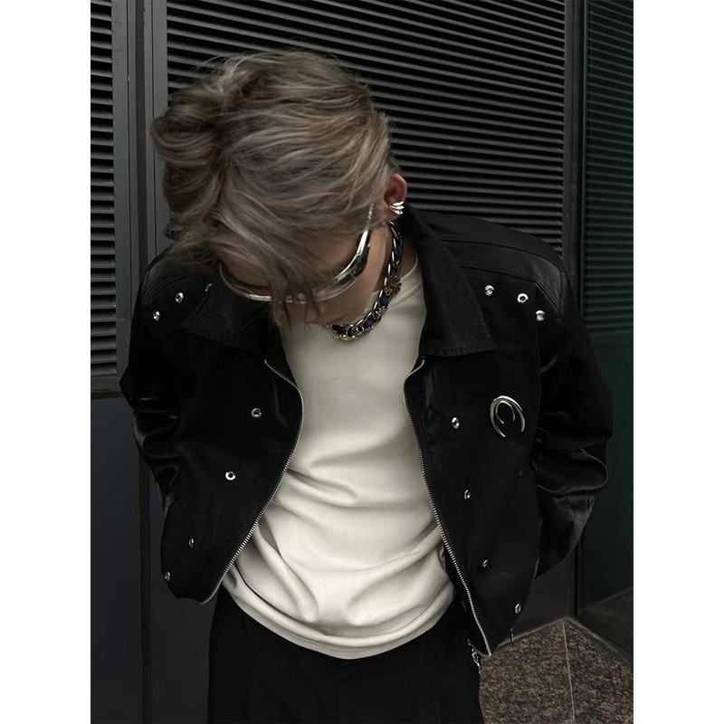 Unisex High-End Liquid Metal Star Design Short Jacket with Lapel and Drop Shoulders
