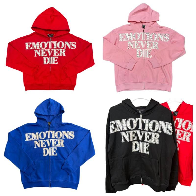 Mixed Emotion Zip-Up Hoodie Sweatshirt Men Women Letter Rhinestone Decor Casual Outerwear