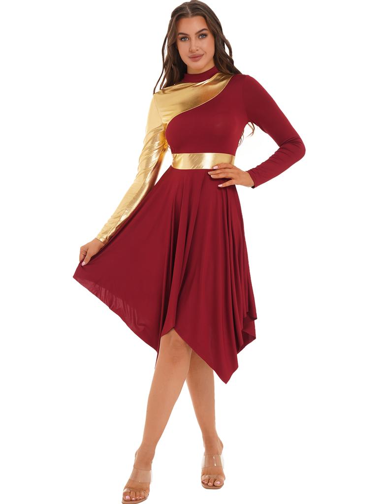 Women Slim Waist Party Gown Praise Liturgical Lyrical Dance Dress High Low Worship Costume Metallic Color Block Dress