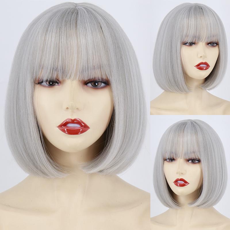 LISI HAIR Women Light Gray Hair with Bangs Synthetic Fiber Wig Cosplay Straight Bob Wig Shoulder Length Straight Bob Halloween Wig