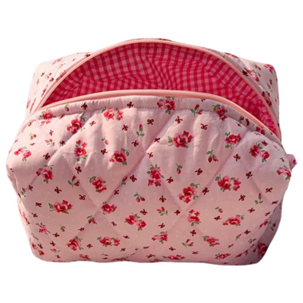 Cute Floral Travel Makeup Pouch Large Quilted Makeup Organizer Storage Bag with Zipper Skincare Bag Soft for Women and Girls