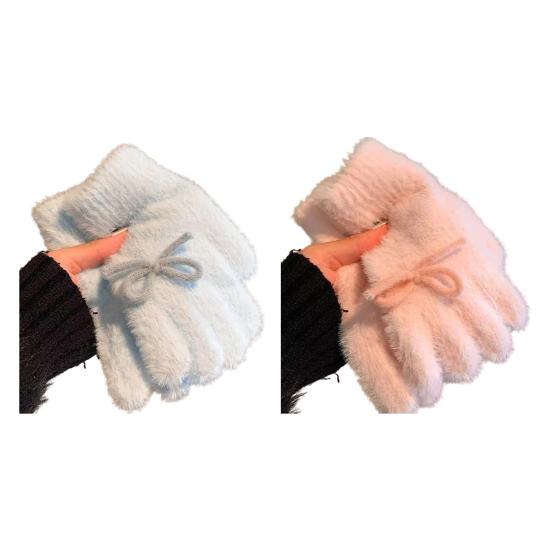 Yousheng Women Fuzzy Thermal Gloves Fluffy Winter Thick Full Finger Gloves with Bows Solid Color Cute Warm Plush Gloves for Girls Cycling Daily