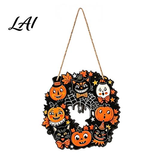 Handcrafted Wood Decor Pieces Halloween Wooden Hollow Round Hanging Sign Pumpkin Spider Web Haunted Holiday Wall Ornaments House Ornament with
