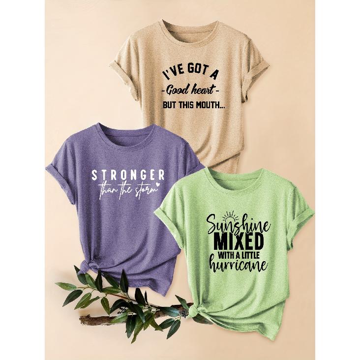 Mother's Day Gift 3 Pack Sun Letter Print Retro Women Round Neck Short Sleeve T Shirts Casual Sports Tops