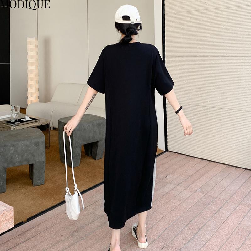 MODIQUE Лето Плюс Размер Новое Женское Свободное Повседневное Простое Стильное Пэчворк С Разрезом Длинное Платье Женское Платье С Коротким Рукавом О-Образным Вырезом