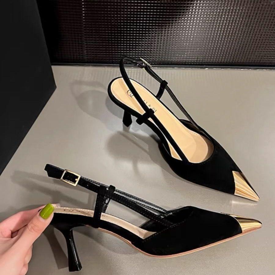 Pointed High Heels Women's Cut Men's Thin Heels 2024 New Sexy Versatile Black Back Empty Bag Head Sandals Female Socialite Style