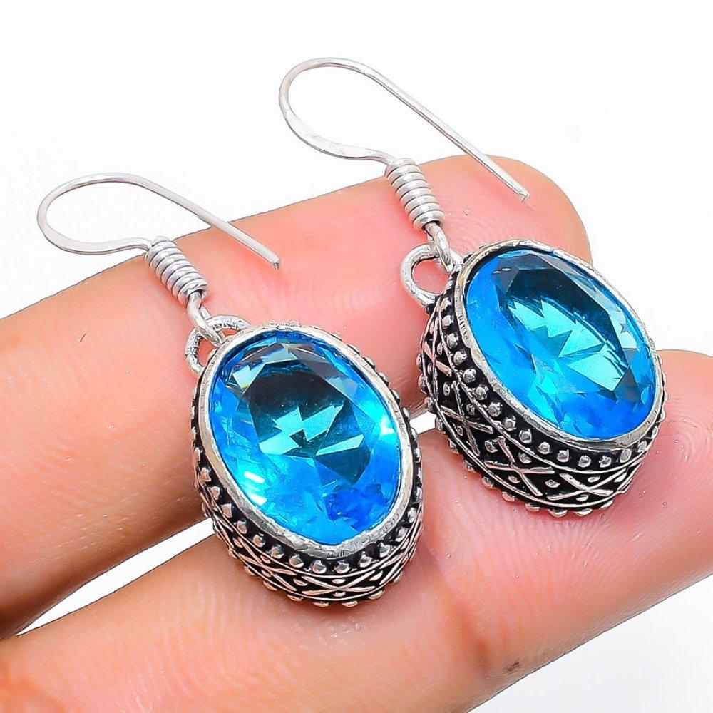 Natural Swiss Blue Topaz Gemstone 925 Sterling Silver Gift Earring 1.42" O3D66