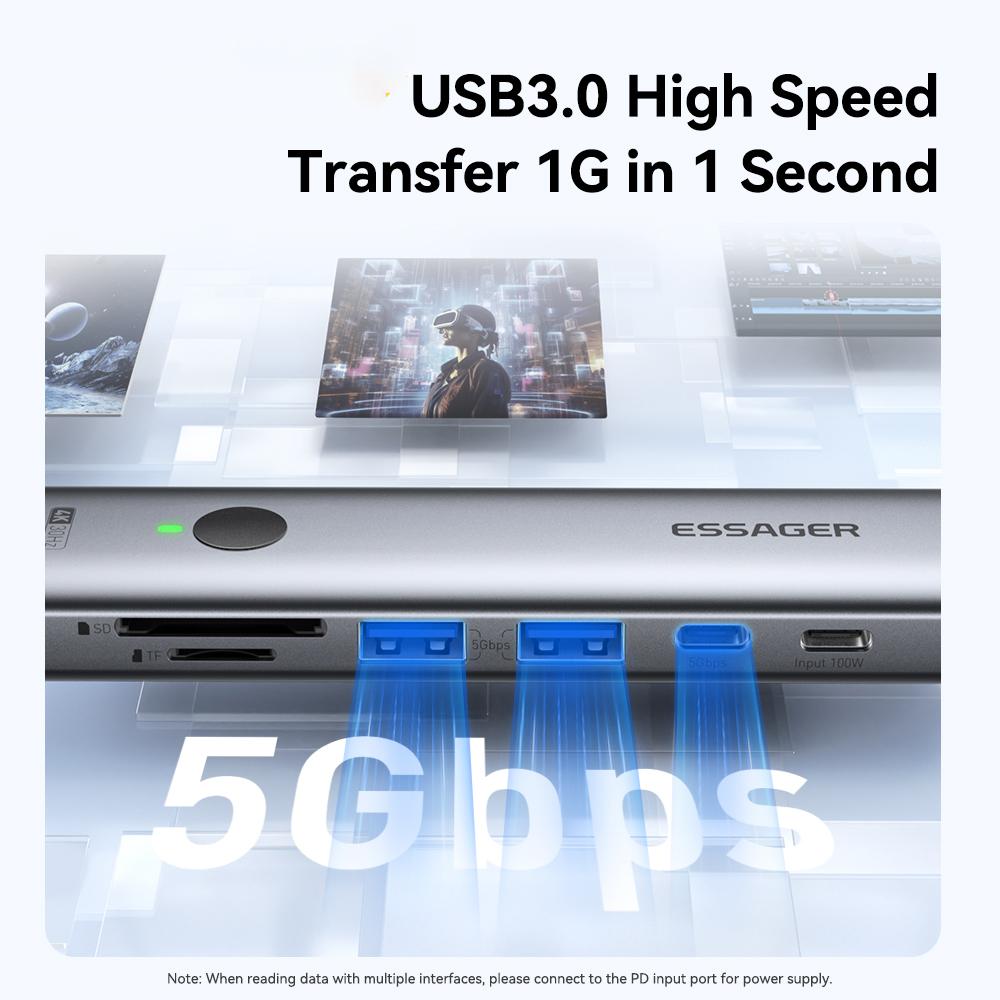 ESSAGER 7 In 1 Expansion Hub with 4K 30Hz HDMI/Type C/USB 3.0/SD TF Card Slot Docking Station