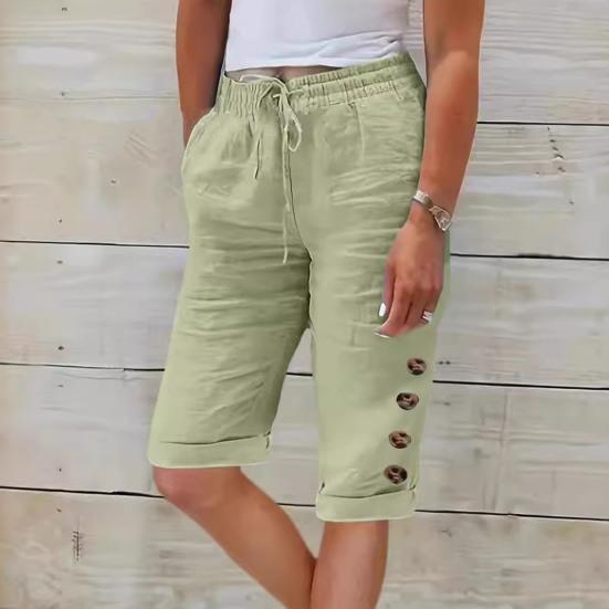 Женские летние шорты, эластичный пояс, регулируемый шнурок, повседневные брюки с карманами, однотонные брюки с декором на пуговицах, брюки длиной до колена