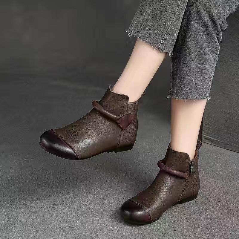Fashion Retro Women Short Ankle Boots Autumn Winter Faux Cow Leather Slip-on Shoes Handmade Round Toe Light Weight Flat Booties