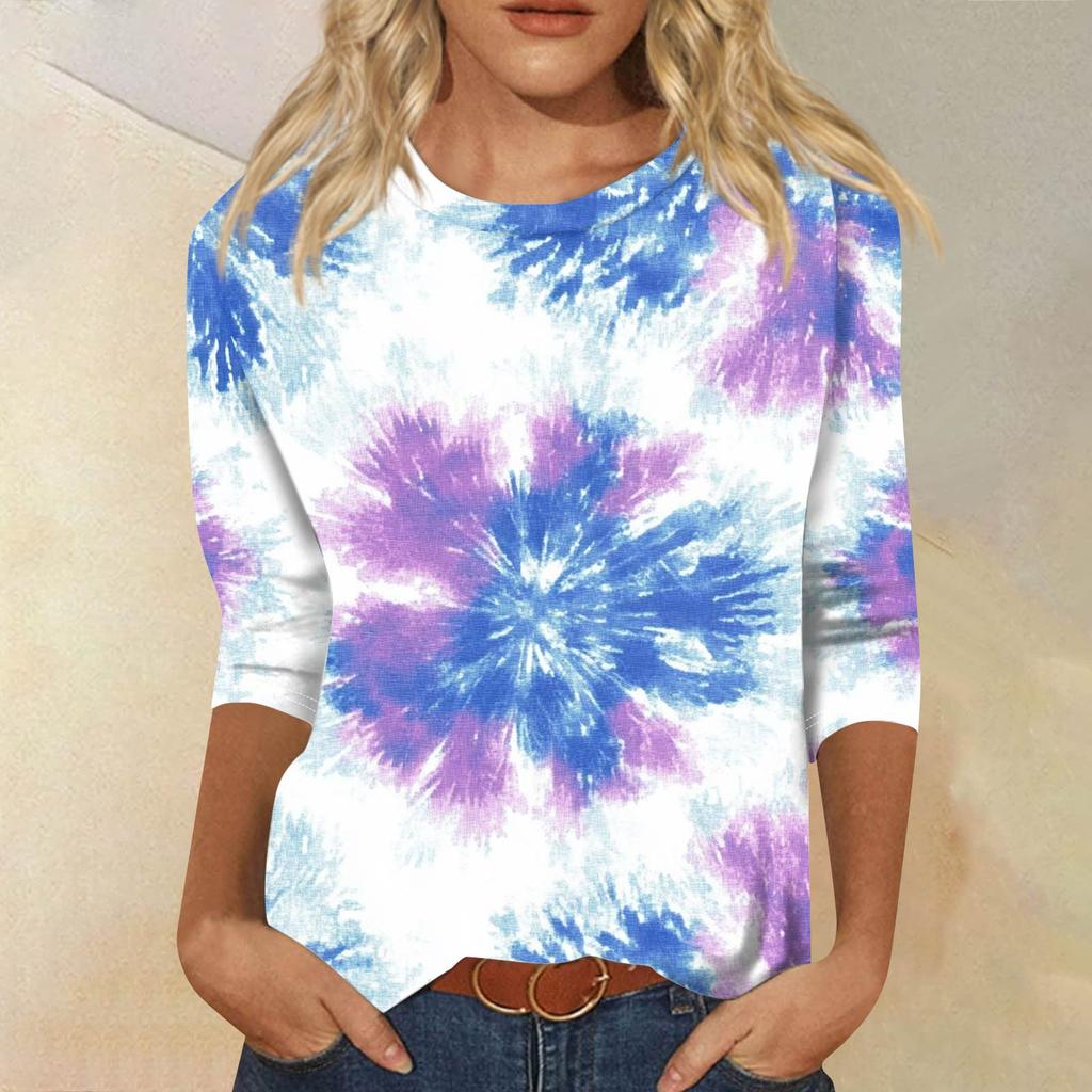 Женская модная повседневная футболка с рукавом семь восьмых, принтом и круглым вырезом