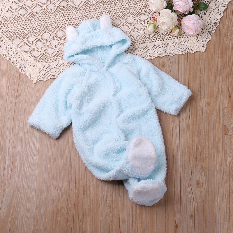 Baby Coral Fleece Hooded Long-Sleeve Warm Jumpsuit for Autumn/Winter