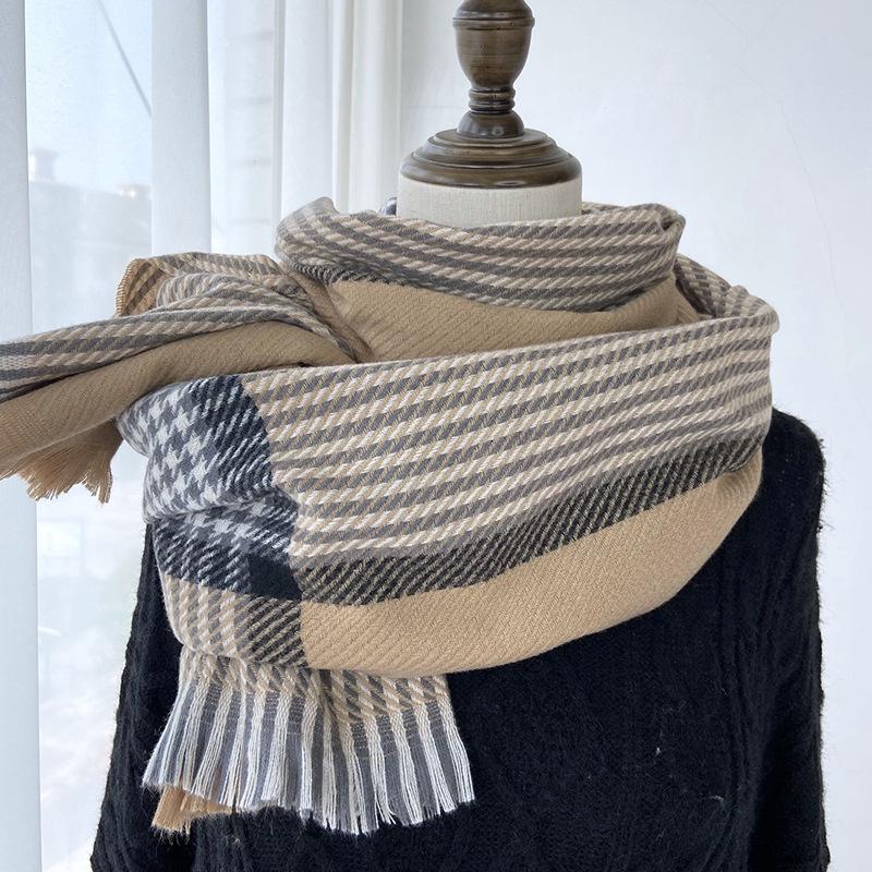 Women's Elastic Soft Plaid Scarf Striped Winter Warm Scarf with Tassel Trim, Versatile Fashion Accessory for Casual Outings