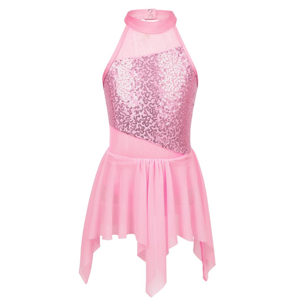 Kids Girls Sleeveless Shiny Sequins Asymmetrical Hem Ballerina Lyrical Modern Dance Leotard Dress