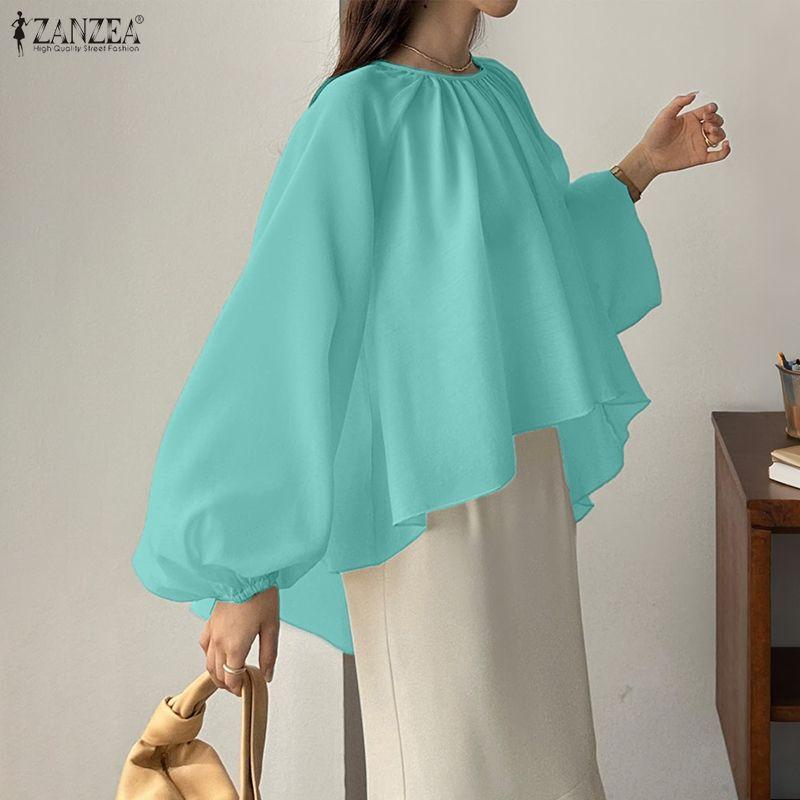 ZANZEA Women Casual Round Neck Loose Long Sleeve Asymmetrical Hem Cover Up Blouse