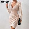 Autumn Solid Color V-neck Slim Body Sexy Long-sleeved Tight Wrap Hip Skirt Women