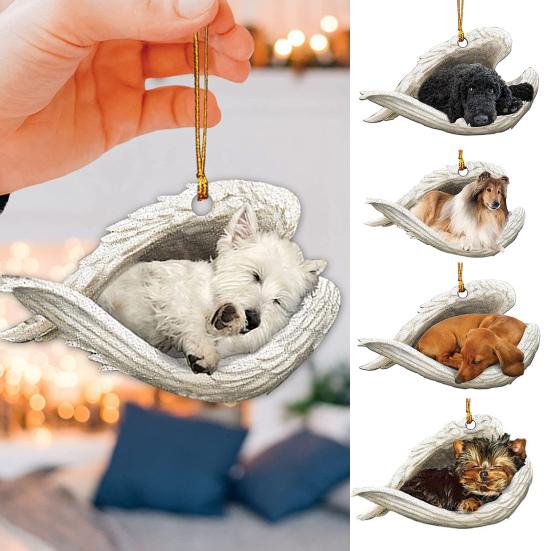 Собака спит в крыльях ангела, 2D плоское украшение, подвеска для зеркала заднего вида автомобиля, сувенир в память о питомце для рождественской елки, аксессуары для интерьера автомобиля