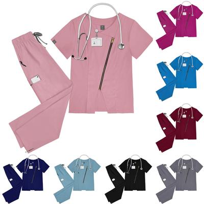 Женский однотонный топ с короткими рукавами и V-образным вырезом, карманами, рабочая одежда, комплект из двух предметов