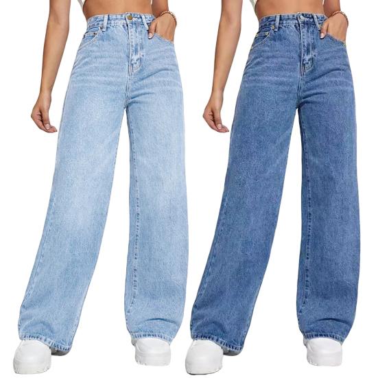 Женские джинсовые брюки с высокой талией, эластичные широкие джинсы с карманами, повседневные прямые джинсовые брюки на лето и осень