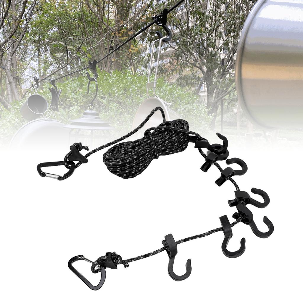 Portable Travel Clothesline 16.4ft Length Clothes Drying Rope Windproof 5m Clothesline with Hooks for Outdoor Camping