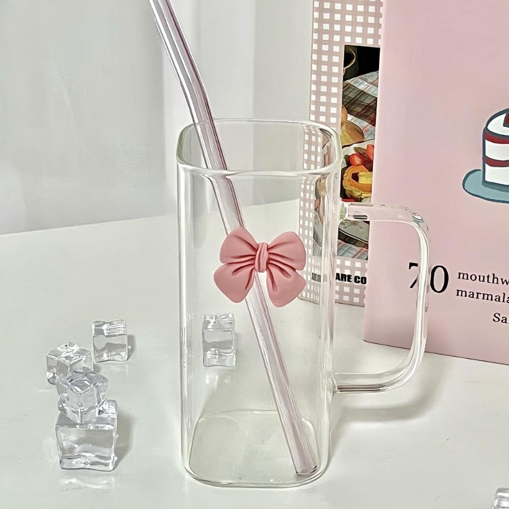 With Lids and Handle Square Glass Mug Transparent Coffee Cup Household Bow Straw Cup Gift
