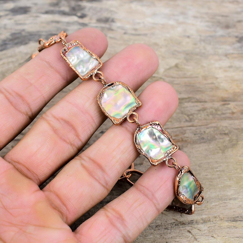 Грубый браслет из ракушки ушка, электроформованный медный браслет, регулируемый браслет-цепочка, ручная работа, медные украшения, браслет с драгоценными камнями, подарок для мамы