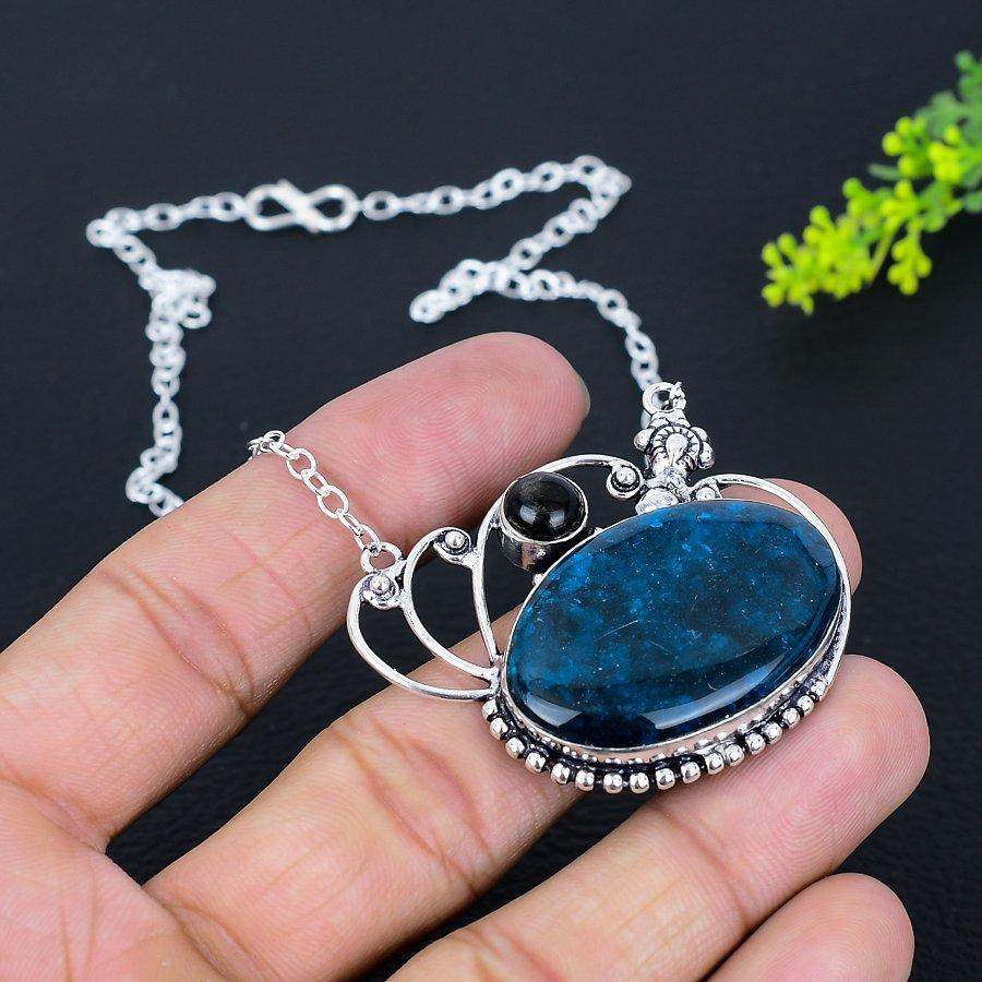 Blue Tourmaline, Onyx Handmade 925 Sterling Silver Necklace 18" t0T80
