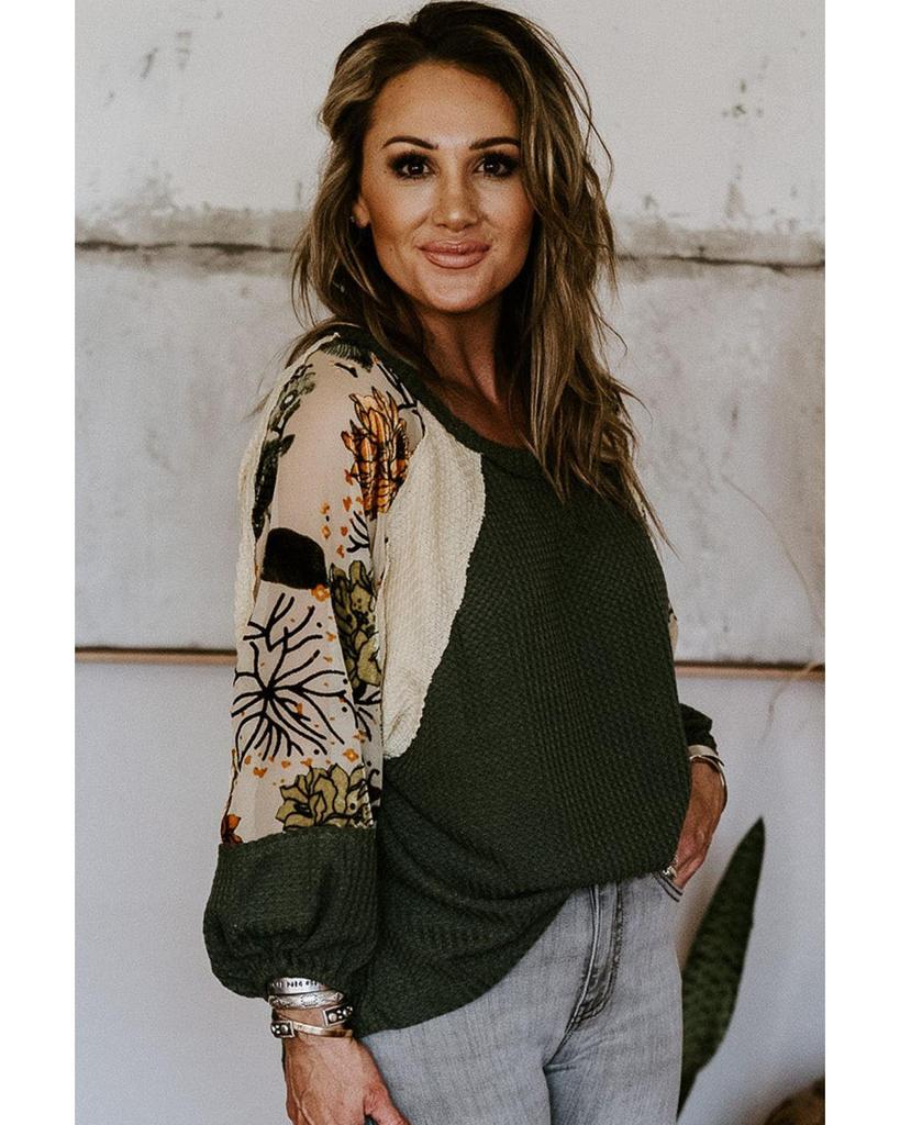 Azura Exchange Green Plus Size Floral Raglan Colorblock Patchwork Knit Blouse